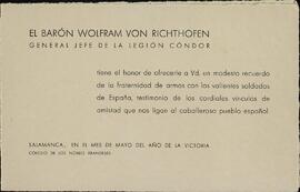 Richthofen, Barón Wolfram von. Tarjeta de recuerdo como jefe de la Legión Cóndor. Salamanca, mayo 1939(División Cóndor)
