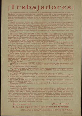 "¡Trabajadores!". Comité de la Confederación Nacional de Defensa del Trabajador Anarquista. ca. 1936