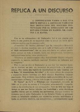 "Réplica a un discurso" pronunciado por el Embajador de EE.UU. Carlton J.H. Hayes (panfleto franquista)
