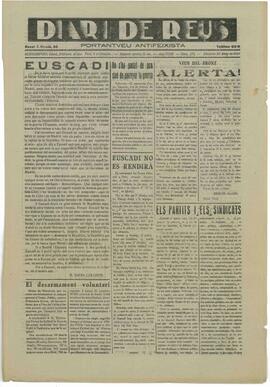 Conjunto de 85 periódicos "Diari de Reus", compuestos por 64 ejemplares de cuadernillos de 4 páginas y 26 de una hoja de carátula. Pertenecen a los meses de octubre, noviembre y diciembre de 1936 y mayo, junio, julio y agosto de 1937, en los que se sigue la marcha de la Guerra Civil.