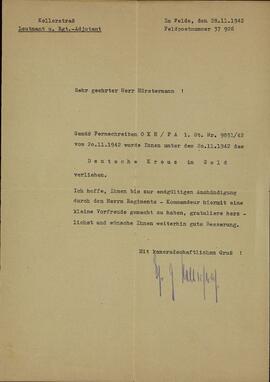 "Hörstermann. Cruz alemana en oro. En el campo de batalla, 28 noviembre 1942"