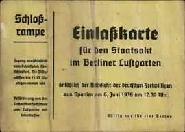 Legión Cóndor: Invitación para el Acto Estatal en el Lustgarten de Berlín, 6 de Junio de 1939. Celebración a su regreso a España.