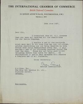 Jones, Owen (Comisionado Británico de la Internacional de Cámaras de Comercio) a M. A. Shaw. 18 de junio de 1937.