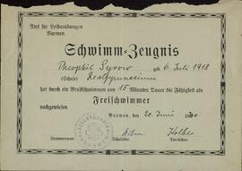 "Certificado de natación. Theophil Syrow". 20 julio 1930