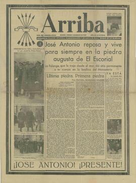 Arriba, Órgano de Falange Española Tradicionalista y de las JONS. "José Antonio Reposa y Vive para Siempre en la Piedra Augusta de El Escorial", 1 de Diciembre de 1939.
