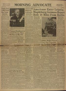 "Morning Advocate", Baton Rouge, Miércoles 18 de Abril de 1945. "Los estadounidenses entrar en Leipzig, Magdeburgo; Los alemanes Informan que los rojos están a 18 millas de Berlín."