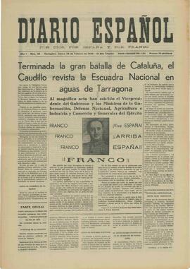 Diario español. "Terminada la gran batalla de Cataluña, el Caudillo revista la Escuadra Nacional en aguas de Tarragona", 23 febrero 1939