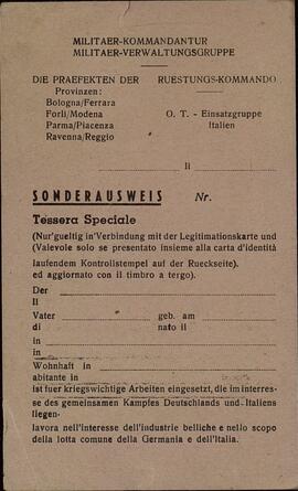 Salvoconducto especial emitido por las autoridades alemanas en Italia (Reggio Emilia) . 2º semestre de 1944. Para ser utilizado junto con el documento de identidad, por personas ocupadas en industrias de interes militar