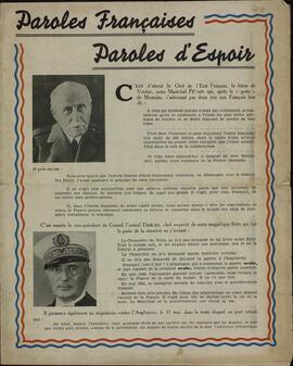 "Paroles françaises. Paroles d'Espoir". Folleto francés ilustrado. En portada lleva una foto de Petain y otra  del almirante Darlan