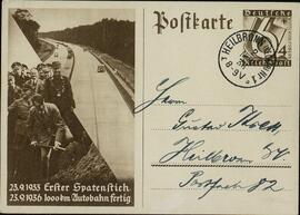 Postal. "1000 Km de autopista lista. 23 septiembre 1936"