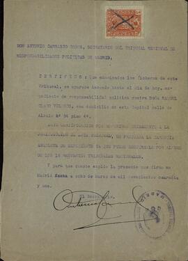 Vapor Uruguay. Sancho Contreras, Eduardo. Certificado para Raquel Claro Velasco (esposa). Madrid, 8 marzo 1941