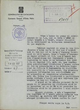 Documento de la Comissaria General d'Ordre Públic de la Generalitat de Catalunya, 14 de agosto de 1937. Sobre licencias de armas cortas.
