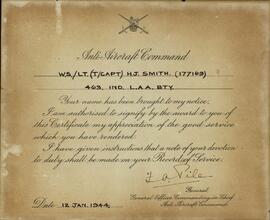 Pile, Frederick Alfred. "Comando Anti-aéreo". Certificado honorífico para H.J. Smith. 12 January 1944