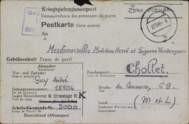 Postal enviada por André Guy, prisionero de guerra en Kriegsgefangenenlager, a Madeleine Hervé y Suzanne Vandangeon.