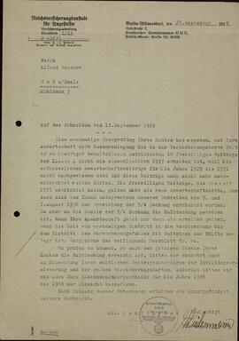 "Carta de la Institución de seguro del Reich para Alfred Weidner". 13 septiembre 1939