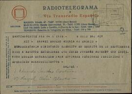 Vapor Uruguay. Sancho Contreras, Eduardo. Telegrama de Raquel Claro Velasco (esposa) para Rafael Sancho Contreras (hermano). Madrid, 2 diciembre 1942