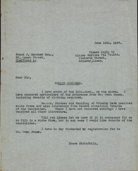 De Cities Service Oil Co. Ltd. a Frank J. Kershaw. Grimsby, 16 junio 1937