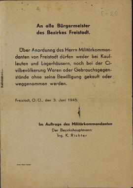 A todos los Alcaldes de los Distritos de Freistadt, 3 junio 1945