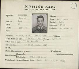 Guerrero Lozano, Juan. Certificado de Identidad de la Delegación de Barcelona de la División Azul, 1944