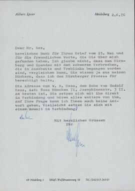 Grupo de 7 cartas: Speer, Albert. "Querido Sr. Gex. 2 Junio 1976"