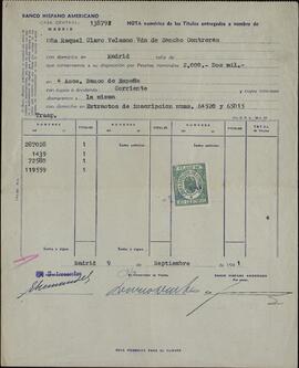 Vapor Uruguay. Sancho Contreras, Eduardo. "Notas numéricas de Títulos entregados" a Raquel Claro Velasco (esposa). Madrid, 2 agosto y 9 septiembre 1941