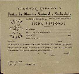 Dos fichas personales  en blanco de la Sección Femenina y de Auxilio Social de las J.O.N.S. de el periodo de la Guerra Civil.