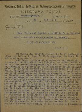 Vapor Uruguay. Sancho Contreras, Eduardo. Telegrama a Rafael Sancho Contreras, conde de Montalvo (hermano). Madrid, 2 enero 1943