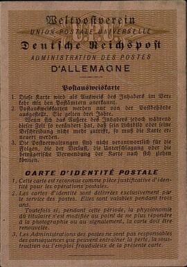 Thaddaus, Frick. Carné de identidad postal. Sigmaringen, 25 de febrero de 1943.