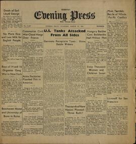 Evening Press. Guernsey, 29 Marzo 1945. "Los tanques estadounidenses atacados por todos los flancos."