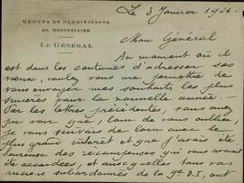 Carta dirigida al General Gamelin por el General Jefe del grupo de Subdivisiones de Montpellier. Montpellier, 3 enero 1926