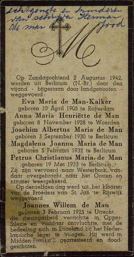 Esquela fúnebre de la familia De Man, cuyos integrantes fueron asesinados en diversos campos de concentración durante 1942, c. 1946.