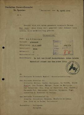 Consulado General Alemán para España: Albrecht Dittmann, persona desaparecida. 1941