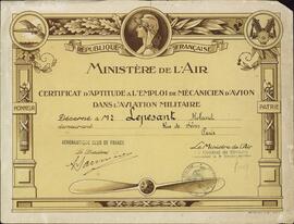 Lepesant, Roland. Certificado de aptitud para el empleo de mecánico de avión