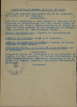"Tercer batallón Bandera de F.E.T de Cádiz". Orden del Batallón. 26 septiembre 1938