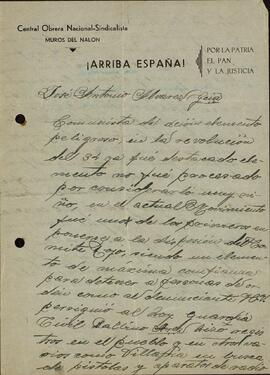 Central Obrera Nacional Sindicalista de Muros del Nalón: Informe sobre José Antonio Álvarez García. Sin fecha.