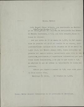 Vapor Uruguay. Sancho Contreras, Eduardo. Carta de Raquel Claro Velasco (esposa) al Gobernador de la provincia de Barcelona. Santiago de Chile, febrero 1940