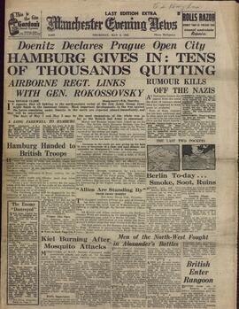 "Manchester Evening News", 3 de Mayo de 1945, "Hamburgo Abandona: Decenas de Miles se Rinden".