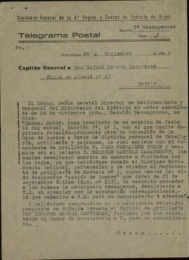 Vapor Uruguay. Sancho Contreras, Eduardo. Telegrama a Rafael Sancho Contreras, conde de Montalvo (hermano), con motivo de concesión de la Cruz de Guerra. Barcelona, 24 diciembre 1942