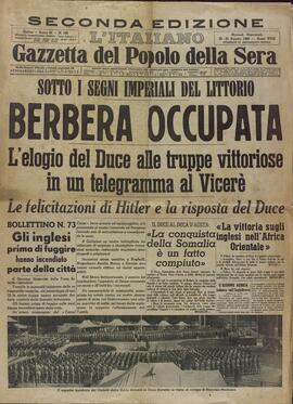 L'Italiano. Gazzeta del Popolo della Sera. "Berbera ocupada". Turín, 20 - 21 Agosto 1940
