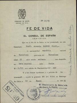 Vapor Uruguay. Sancho Contreras, Eduardo. "Fe de vida" de María Amancia Sancho Claro (hija). Santiago de Chile, 19 enero 1955