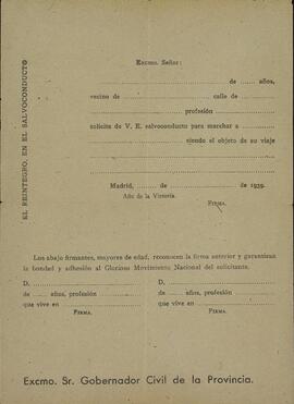 Impreso de solicitud de salvoconducto emitido por el Excmo. Sr. Gobernador Civil de la Provincia, 1939