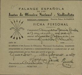 García Rueda, Amparo. Ficha adhesión a Falange. 20 febrero 1938