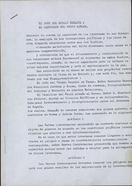Jordana, conde de y Stohrer, Eberhard von. Convenio hispano-alemán. Burgos, 31 marzo 1939
