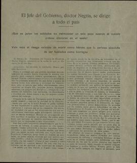 "El Jefe del gobierno Dr. Negrín, se dirige a todo el país" (instando a la resistencia para evitar el derrumbamiento militar de la República).