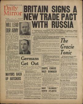 "Daily Mirror". Jueves, 12 octubre 1939. Gran Bretaña firma un nuevo pacto comercial con Rusia"