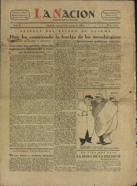 La Nación / Diario de la noche. "Hoy ha comenzado la huelga de los metalúrgicos". Madrid, viernes 9 marzo 1934.