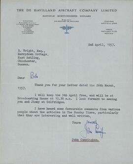 Cunningham, John. "Carta a Robert Wright". 2 Abril 1957