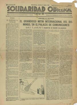 Solidaridad Obrera. "El grandioso mitin internacional del domingo en el palacio de comunicaciones. Barcelona, martes 9, junio 1931