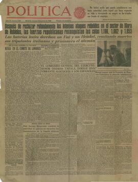 Política. Órgano de Izquierda Republicana. "Después de rechazar rotundamente los intensos ataques rebeldes en el sector de la Mora de Rubielos, las fuerzas republicanas reconquistan las cotas 1.196, 1.062 y 1.053" N.º 852, Madrid, 3 junio 1938