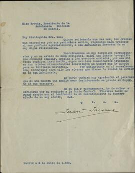 Carta de Juan Jácome a Miss Brooks, presidenta de la ambulancia escocesa en Madrid. 2 julio 1938.